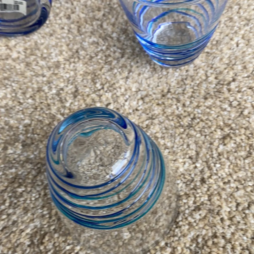 Pier 1 Glass two-tone blue glass pitcher with 3 matching glasses